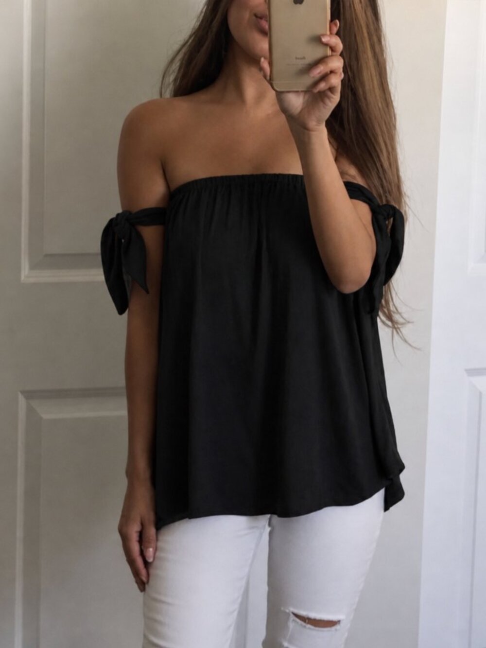 Black Off Shoulder Tie Top Size Large